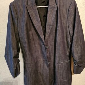 Calvin Klein Blazer Size L Charcoal Gray Pinstripe Ruched Sleeve Business Casual